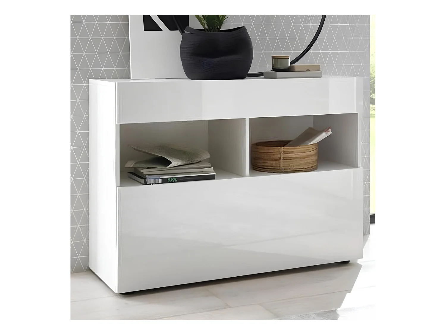 Madia design moderno con un cassetto e un’anta a ribalta da soggiorno 110x82 ML43 bianco lucido