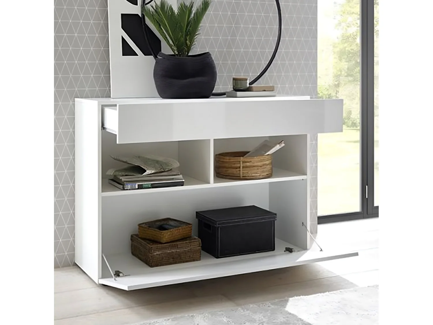 Madia design moderno con un cassetto e un’anta a ribalta da soggiorno 110x82 ML43 bianco lucido