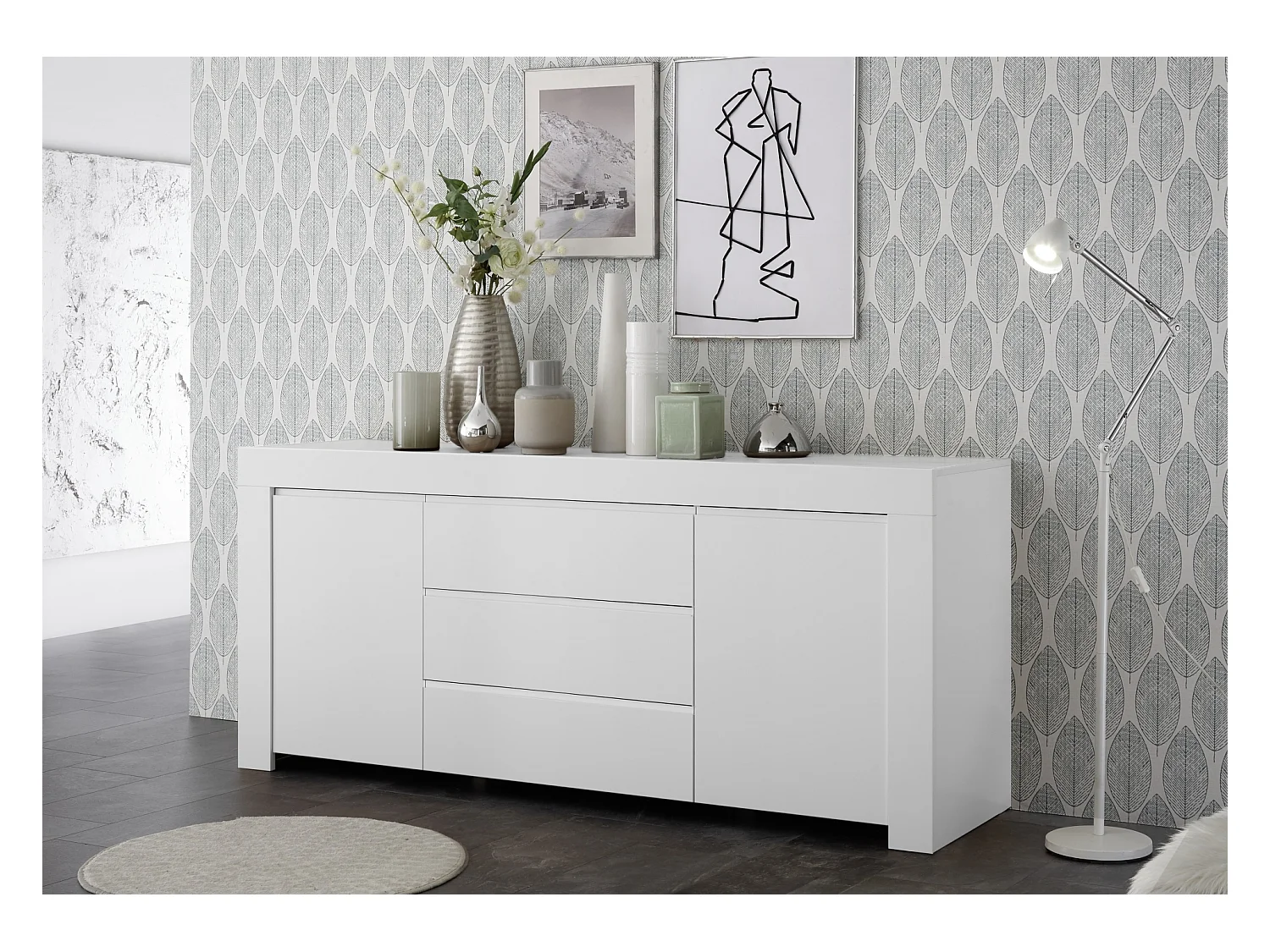 Madia moderna due ante e tre cassetti con maniglia a gola 184x81 ML15 bianco opaco