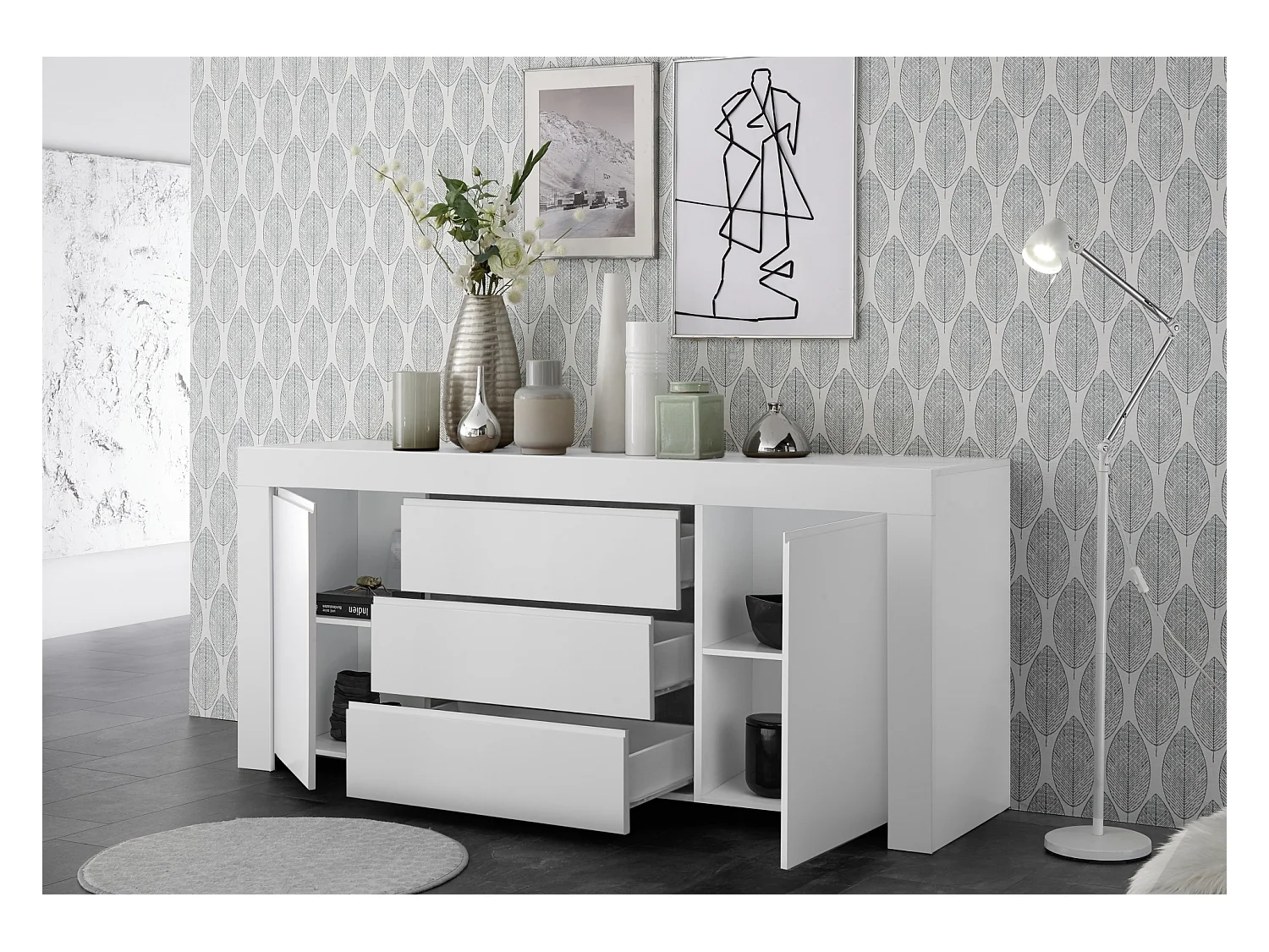 Madia moderna due ante e tre cassetti con maniglia a gola 184x81 ML15 bianco opaco