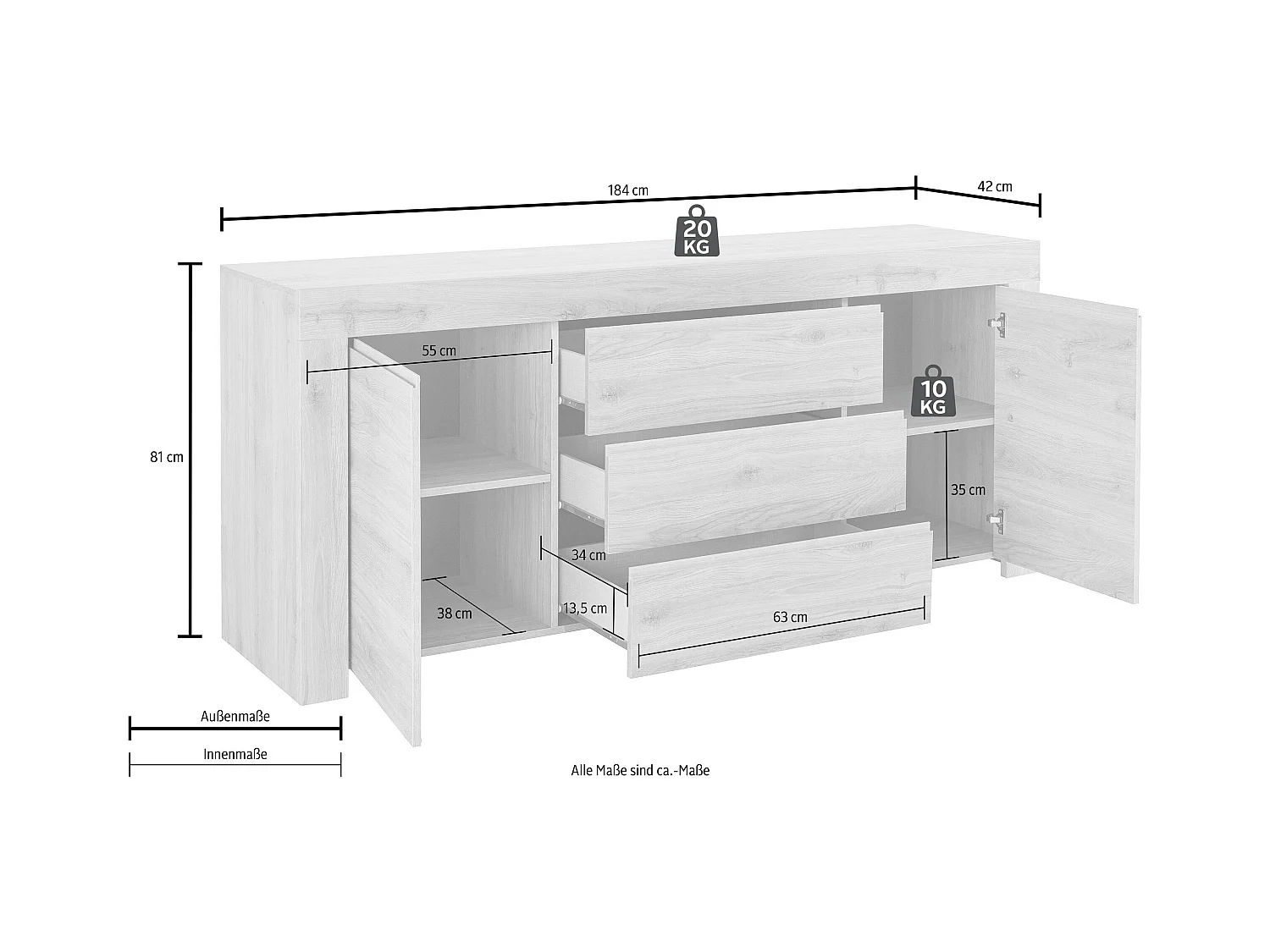 Madia moderna due ante e tre cassetti con maniglia a gola 184x81 ML15 bianco opaco