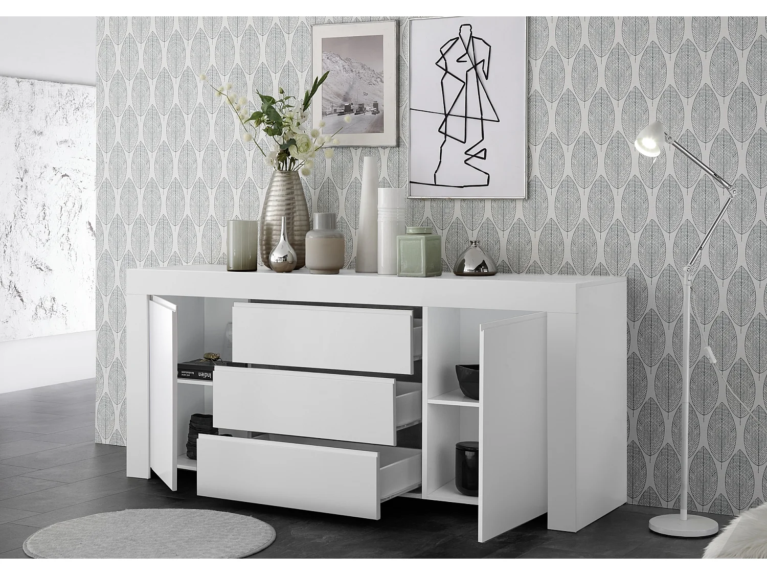 Madia moderna due ante e tre cassetti con maniglia a gola 184x81 ML15 bianco opaco