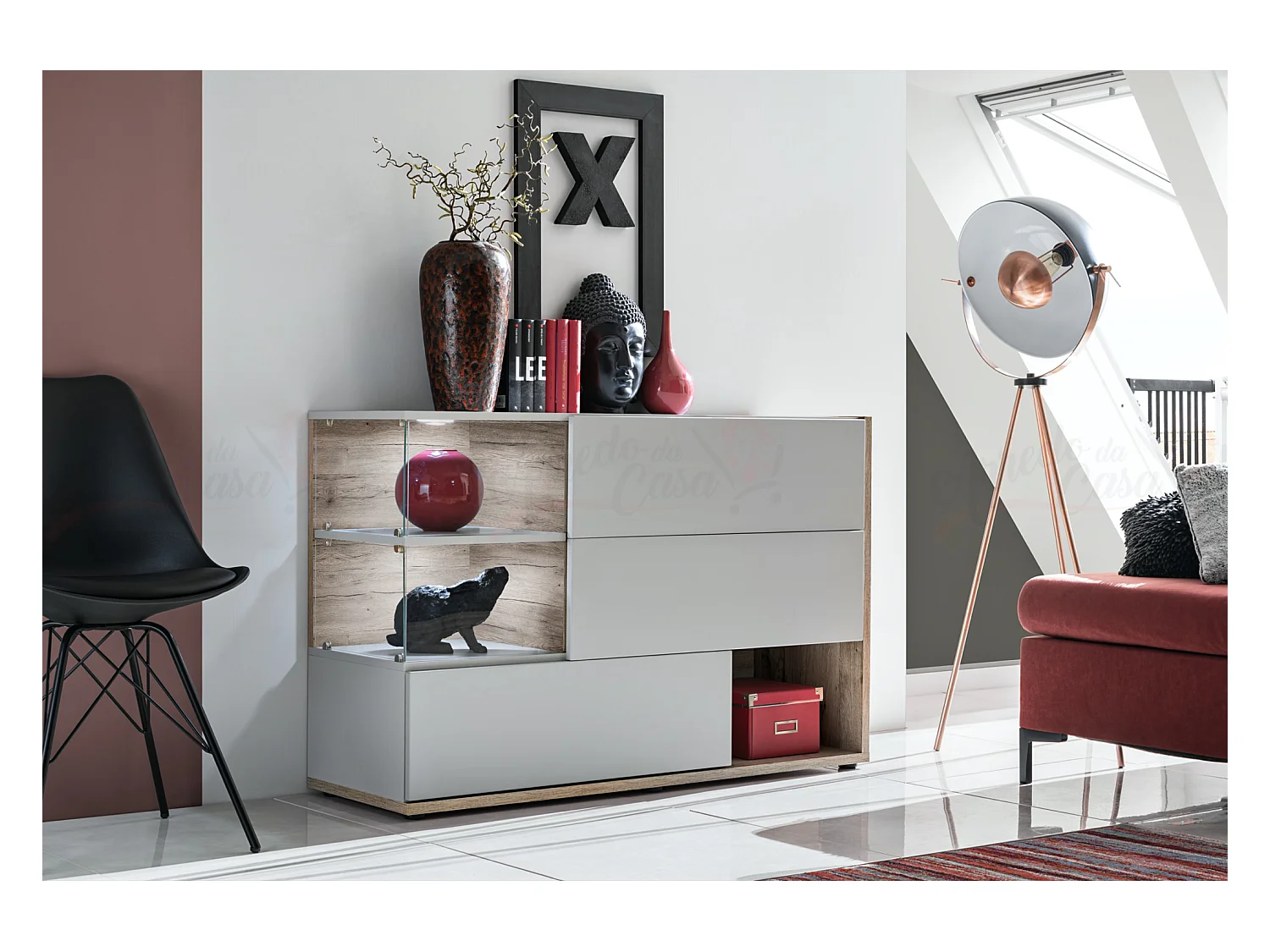 Madia moderna con vetrinetta e anta effetto legno MP1 120x77 grigio perla e quercia