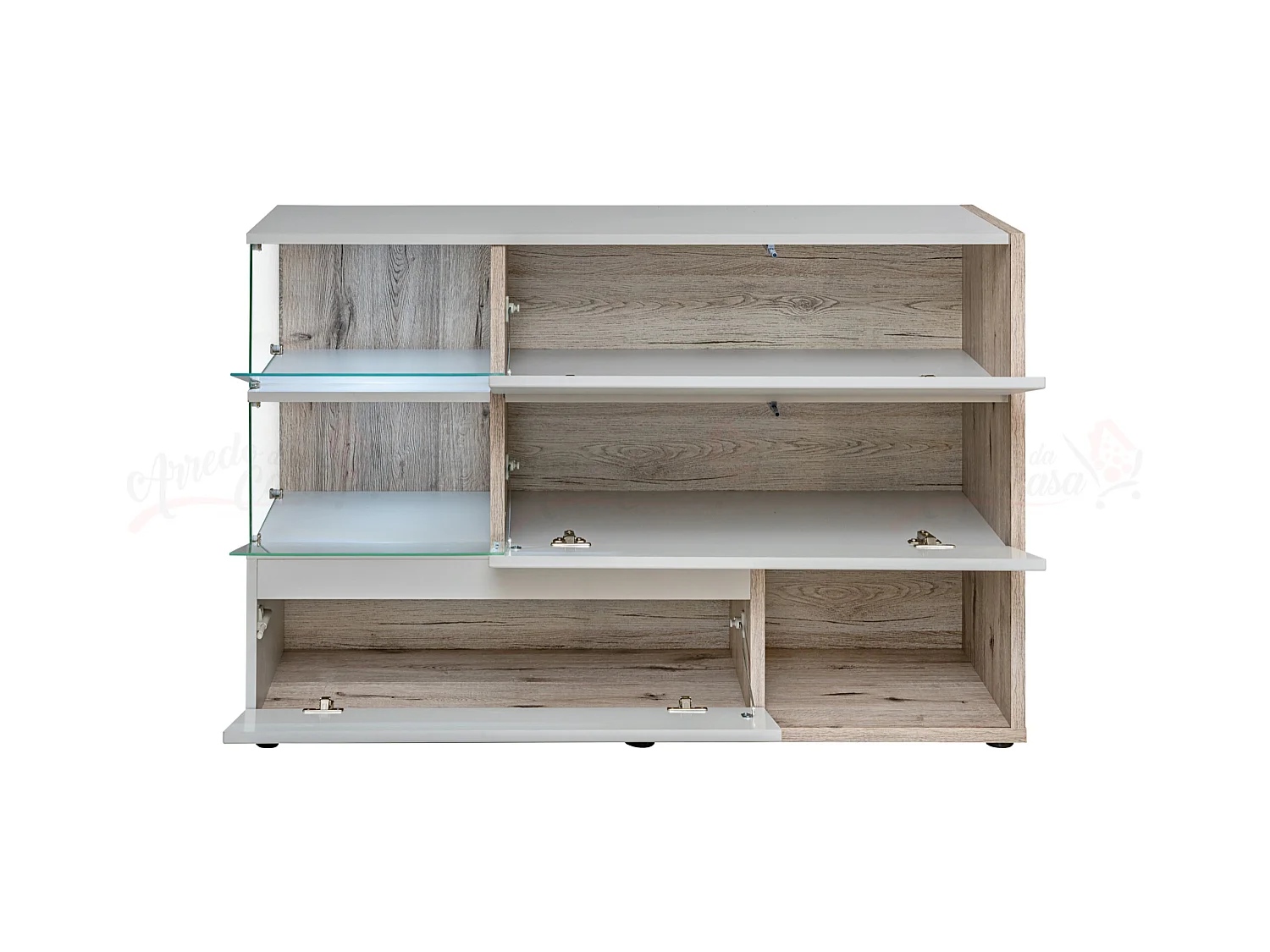 Madia moderna con vetrinetta e anta effetto legno MP1 120x77 grigio perla e quercia