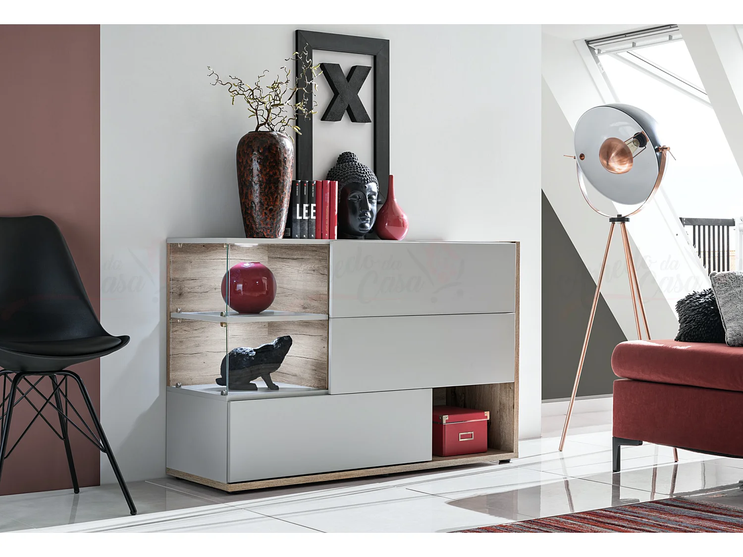 Madia moderna con vetrinetta e anta effetto legno MP1 120x77 grigio perla e quercia