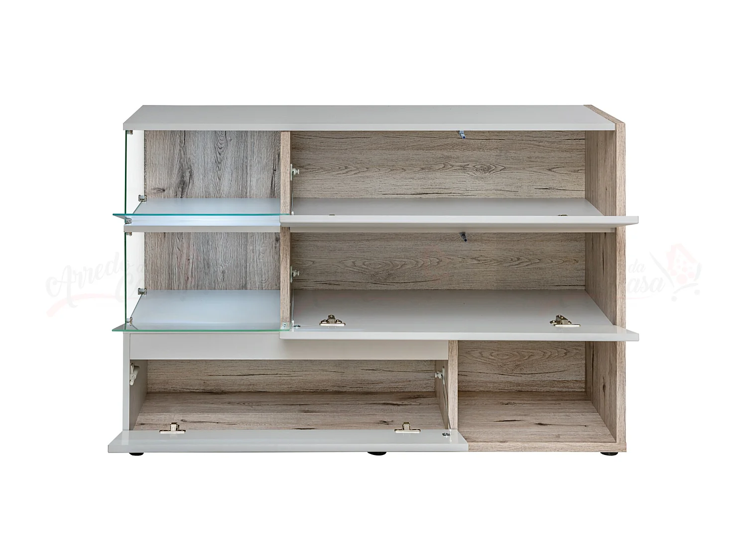 Madia moderna con vetrinetta e anta effetto legno MP1 120x77 grigio perla e quercia