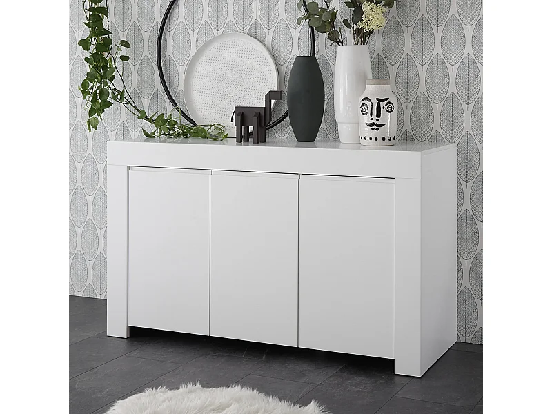 Madia design moderno tre ante battenti con maniglia a gola 138x81 ML16 bianco opaco