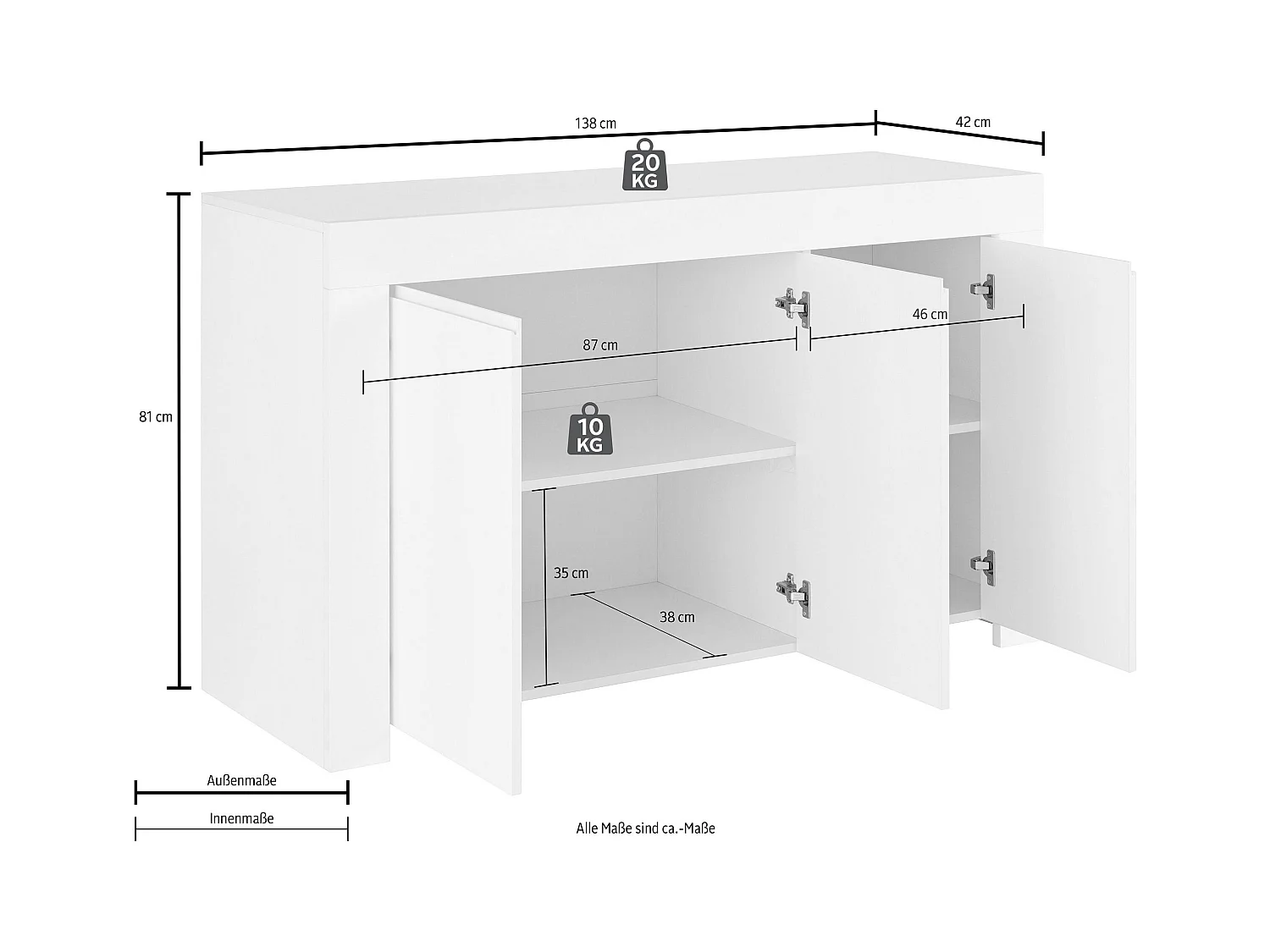 Madia design moderno tre ante battenti con maniglia a gola 138x81 ML16 bianco opaco
