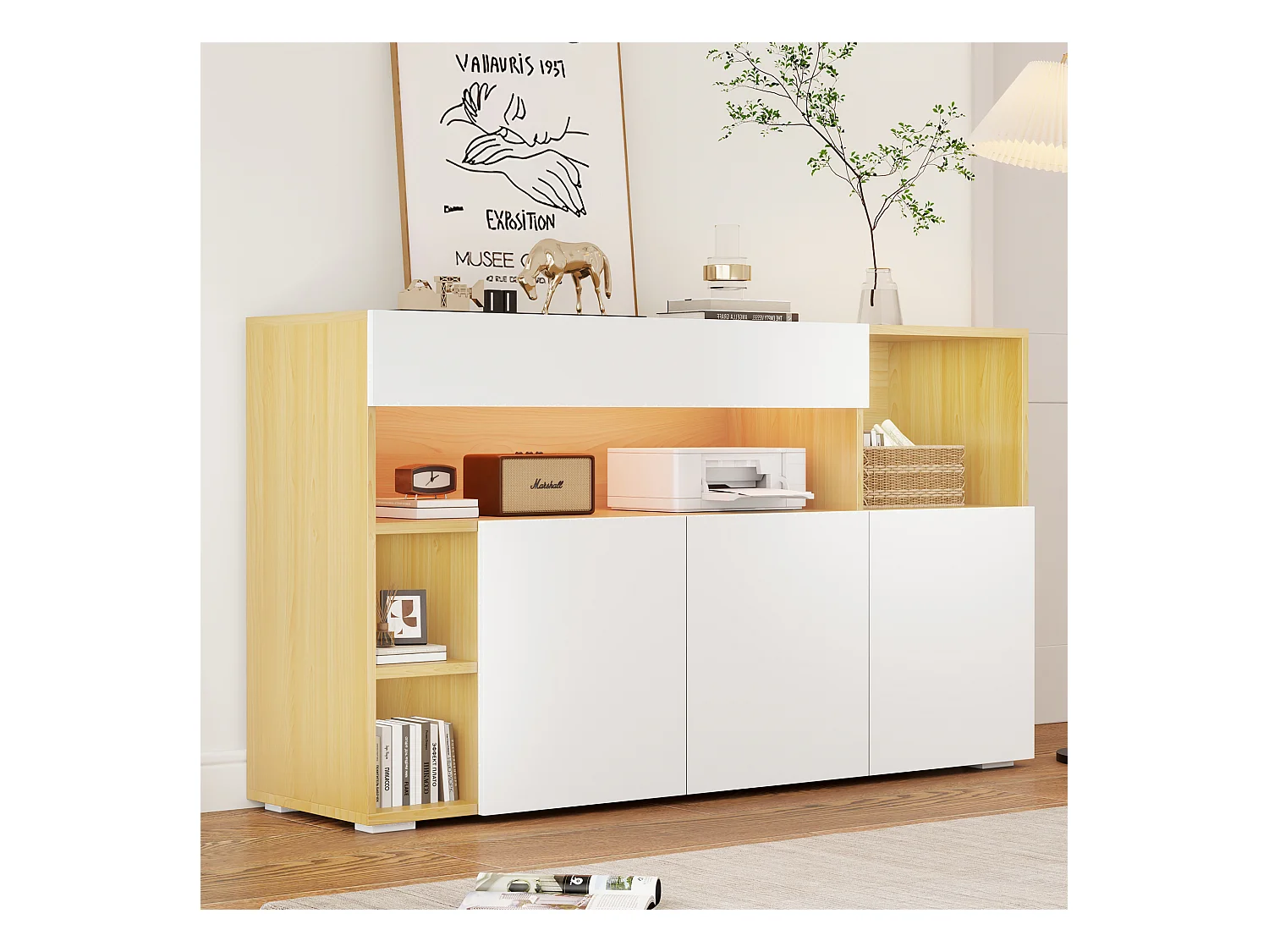 Buffet avec 3 portes et 4 niches, LED inclus, blanc et chêne