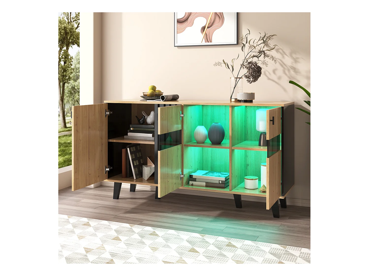 Buffet 140x41x78.5cm avec 3 portes et LED, en placage woodgrain, naturel et noir