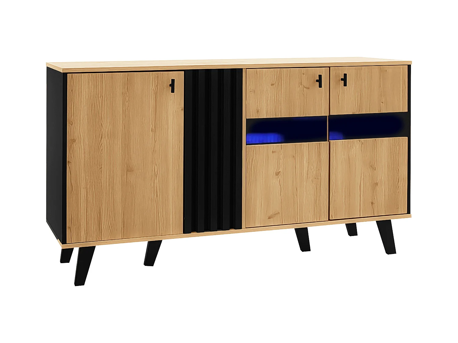Buffet 140x41x78.5cm avec 3 portes et LED, en placage woodgrain, naturel et noir