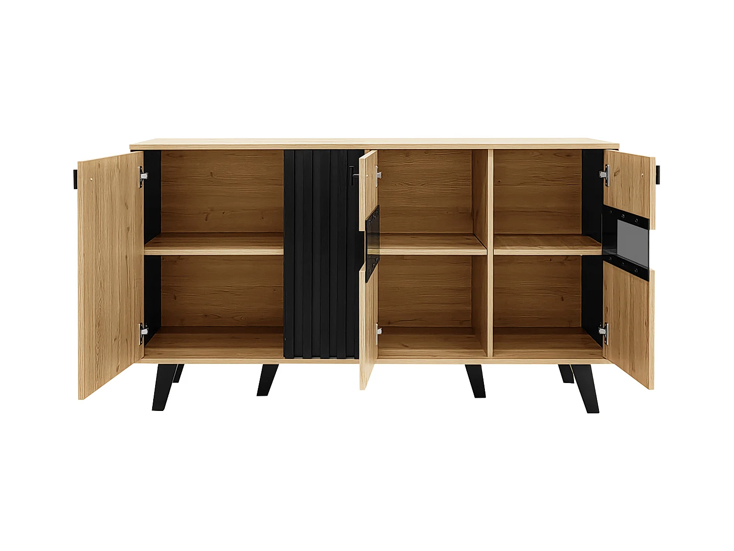 Buffet 140x41x78.5cm avec 3 portes et LED, en placage woodgrain, naturel et noir
