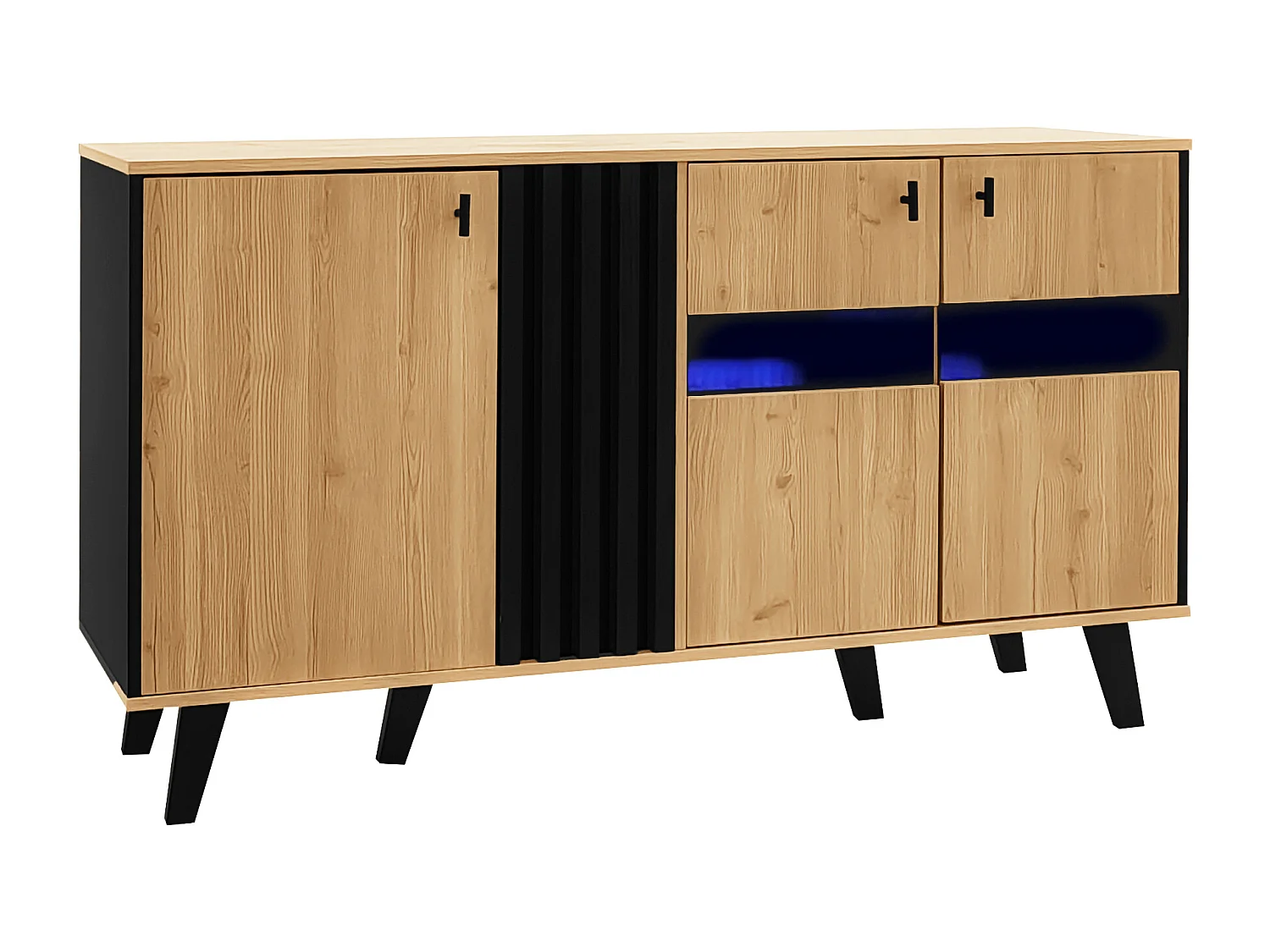 Dressoir 140x41x78,5cm met 3 deuren en LED, in houtnerffineer, naturel en zwart
