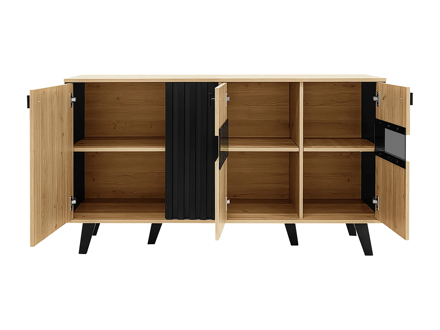 Dressoir 140x41x78,5cm met 3 deuren en LED, in houtnerffineer, naturel en zwart