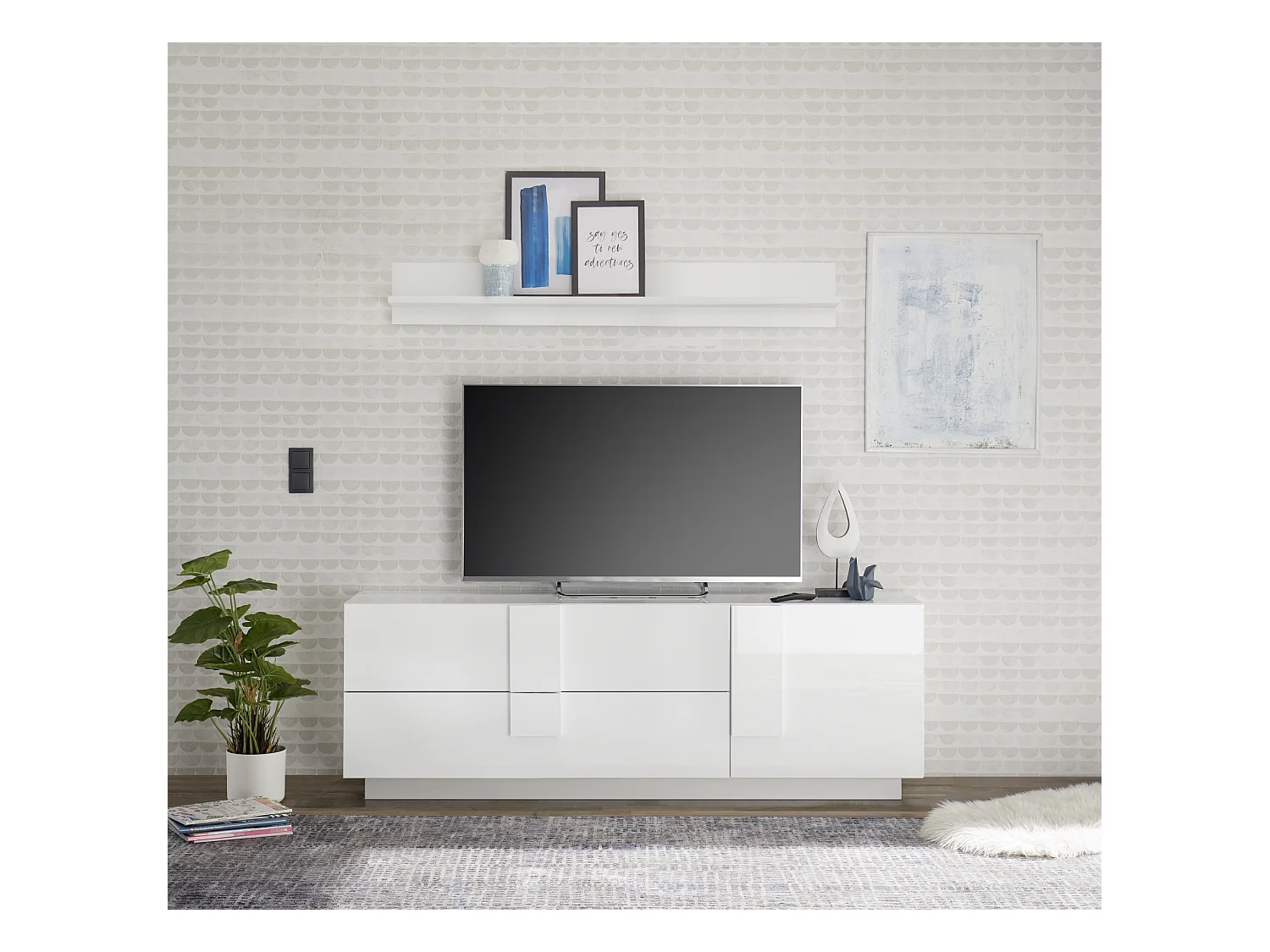 Madia design moderno per soggiorno con ampi cassetti e anta singola 181x63 ML29 bianco lucido