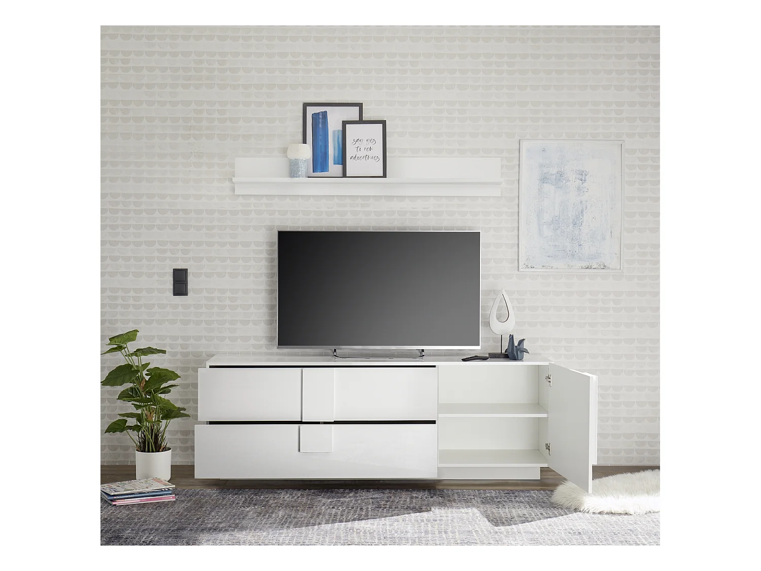 Madia design moderno per soggiorno con ampi cassetti e anta singola 181x63 ML29 bianco lucido