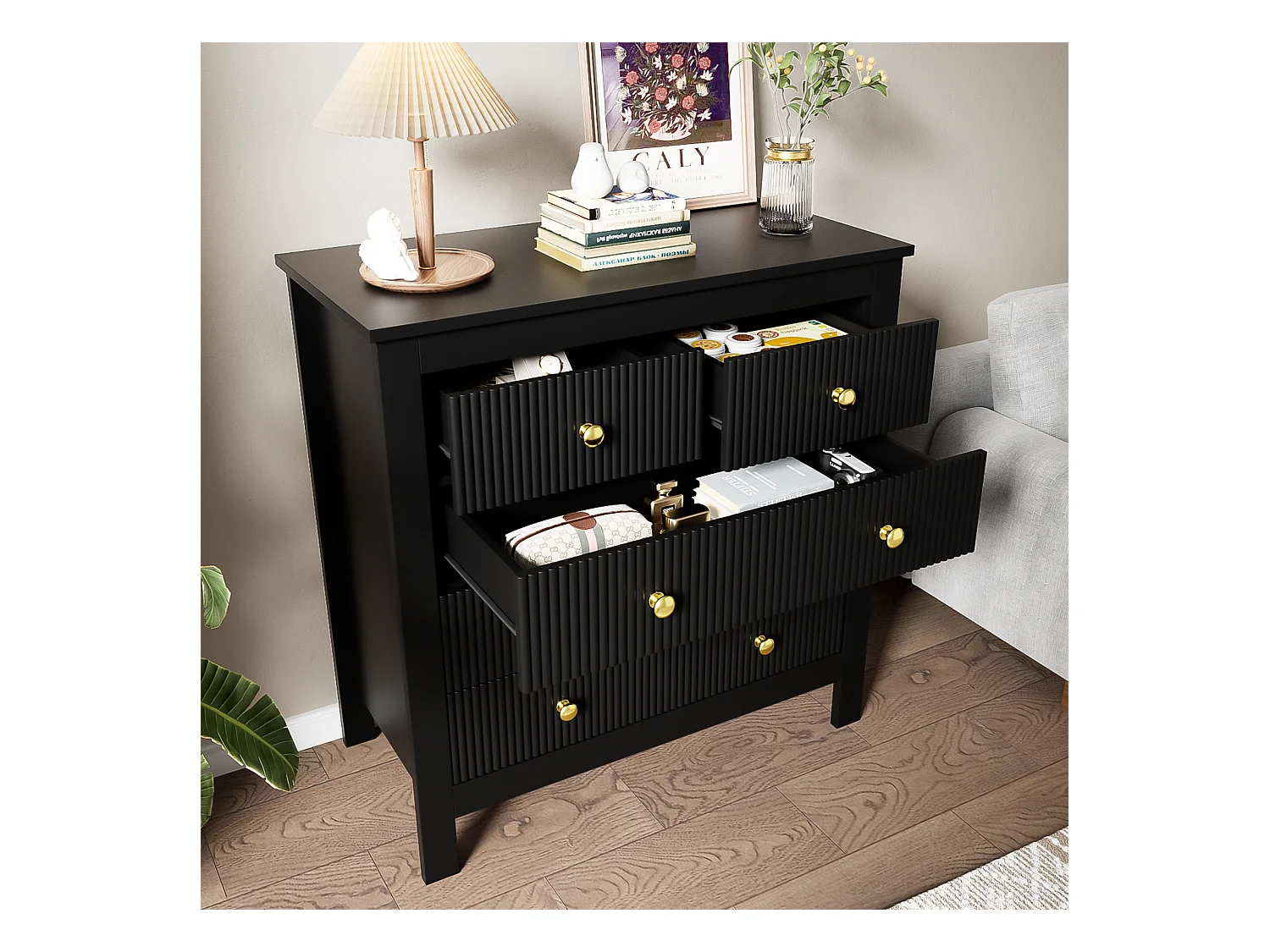 Buffet 79x39.5x80.5cm avec 5 tiroirs, corps en noir avec poigneés dorés