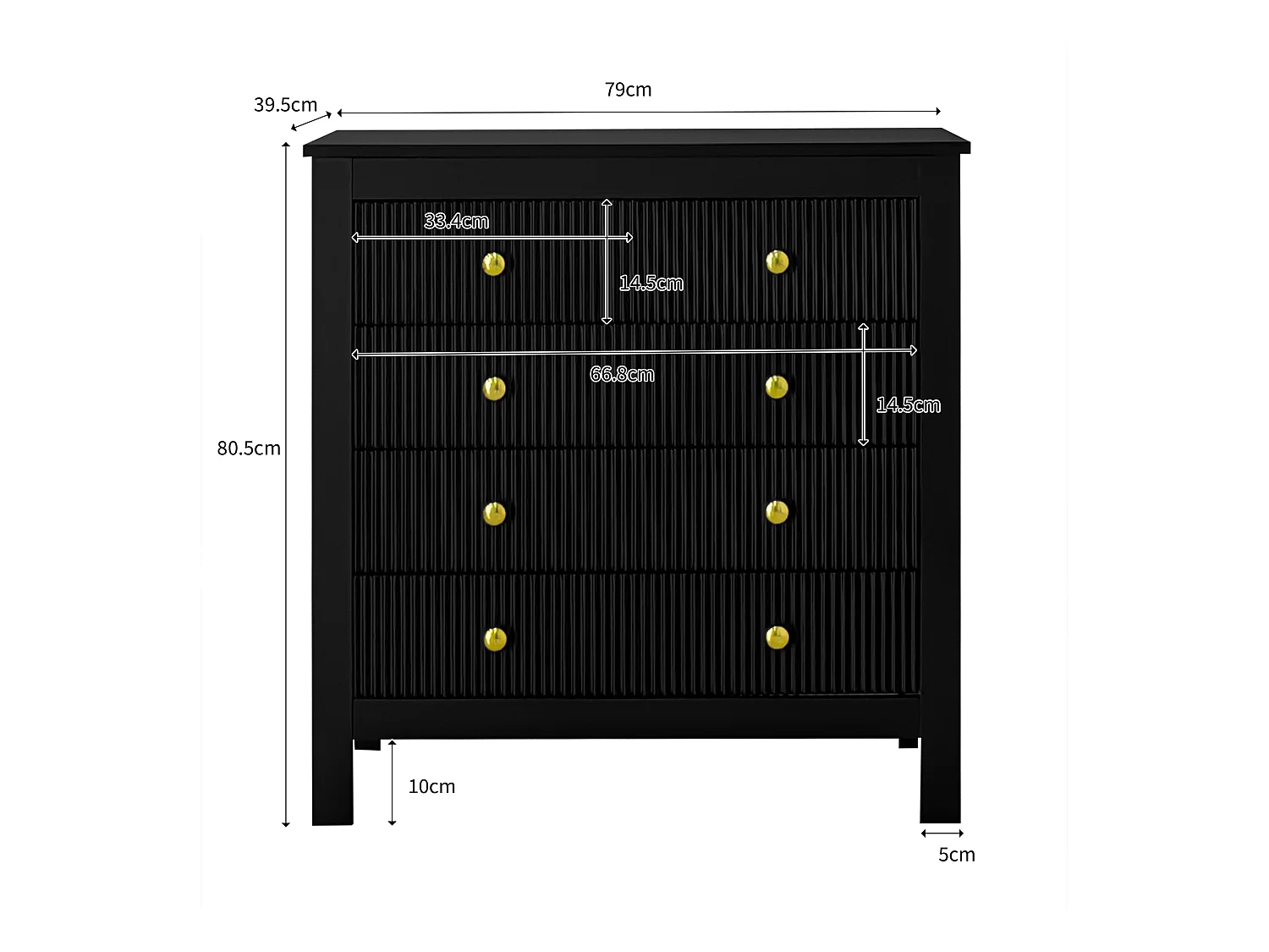 Buffet 79x39.5x80.5cm avec 5 tiroirs, corps en noir avec poigneés dorés