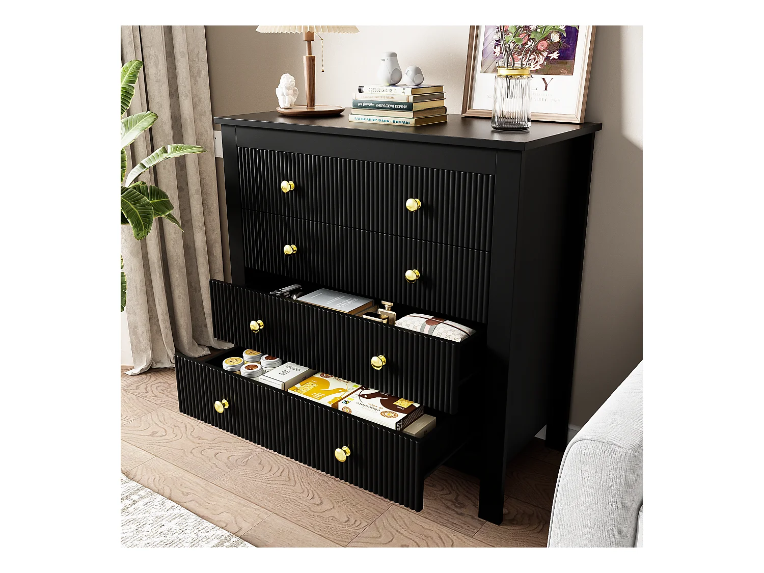 Buffet 79x39.5x80.5cm avec 5 tiroirs, corps en noir avec poigneés dorés