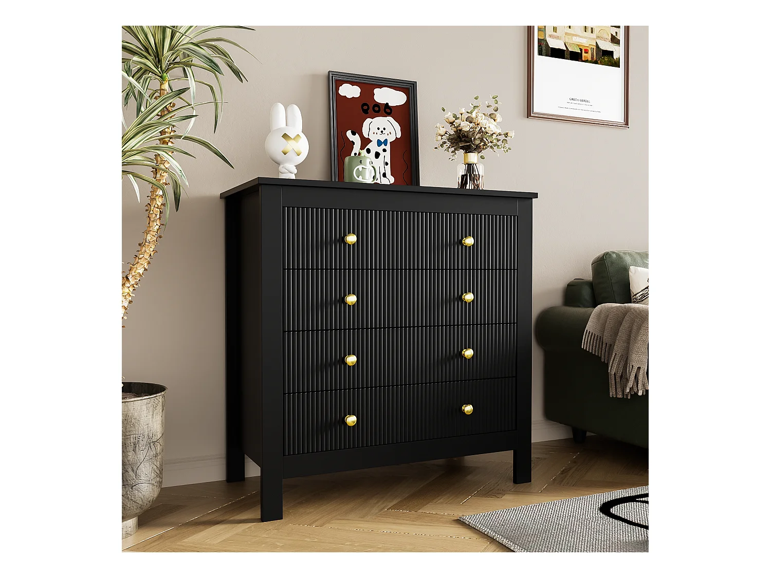 Dressoir 79x39,5x80,5cm met 5 lades, zwarte body met gouden handgrepen
