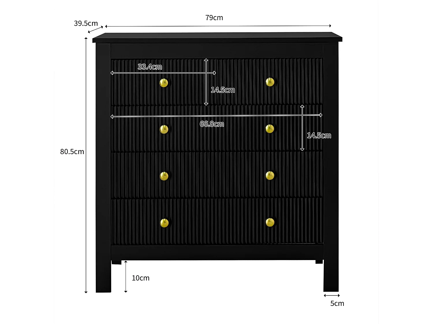 Buffet 79x39.5x80.5cm avec 5 tiroirs, corps en noir avec poigneés dorés