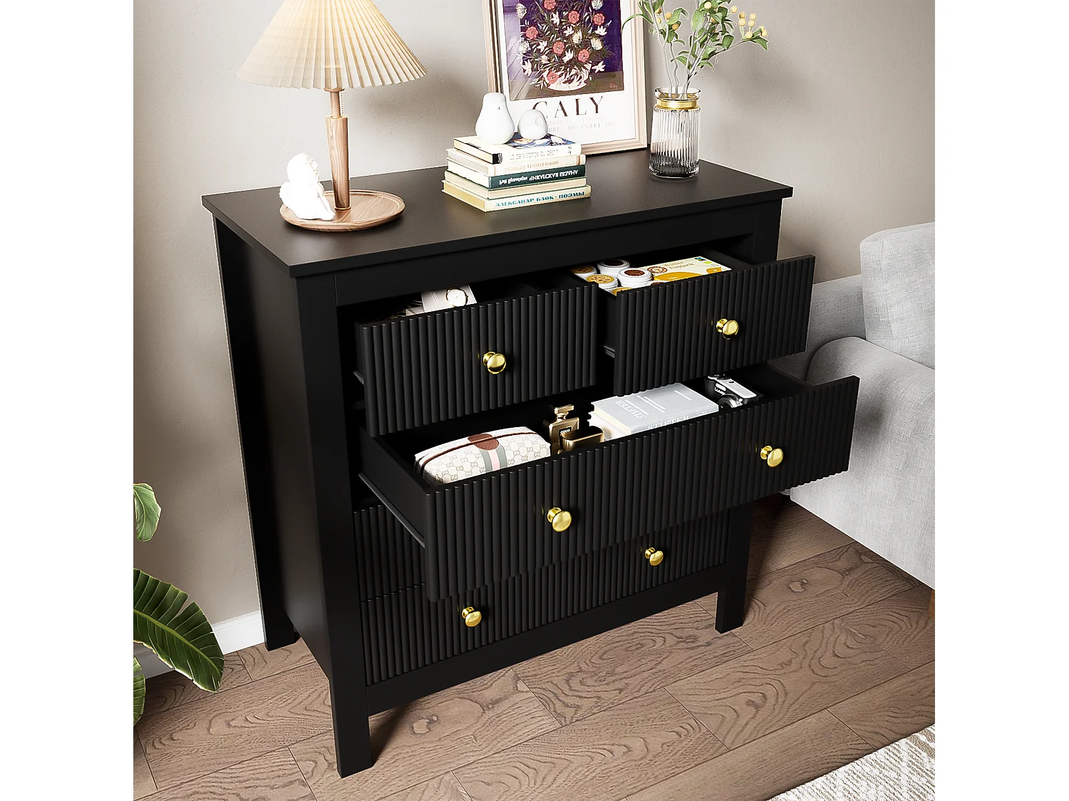 Buffet 79x39.5x80.5cm avec 5 tiroirs, corps en noir avec poigneés dorés
