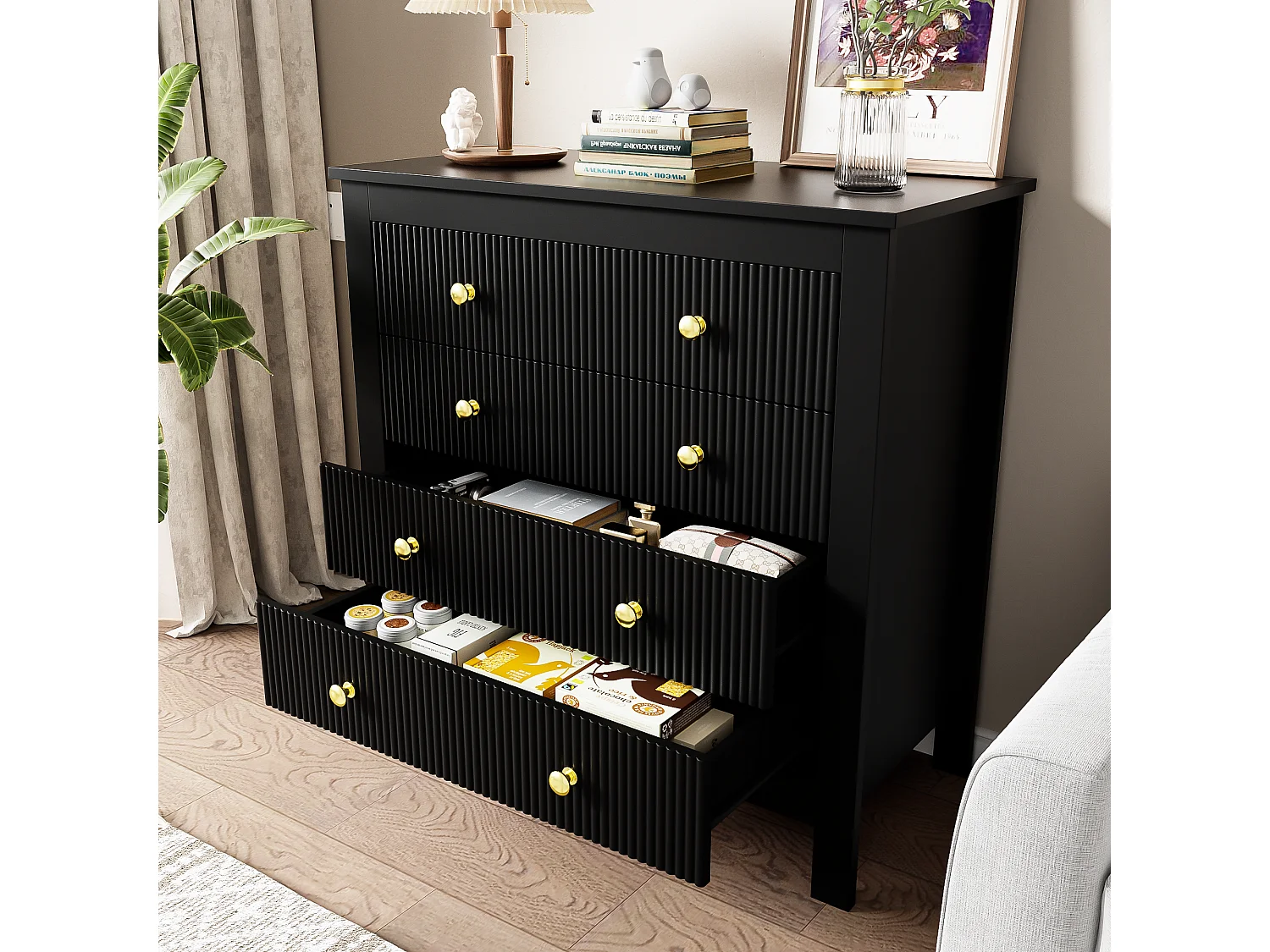 Buffet 79x39.5x80.5cm avec 5 tiroirs, corps en noir avec poigneés dorés