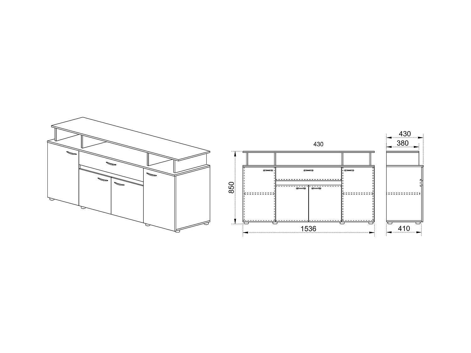 Madia per soggiorno con cassetto e quattro ante effetto legno 153,6x85 rovere chiaro MI14