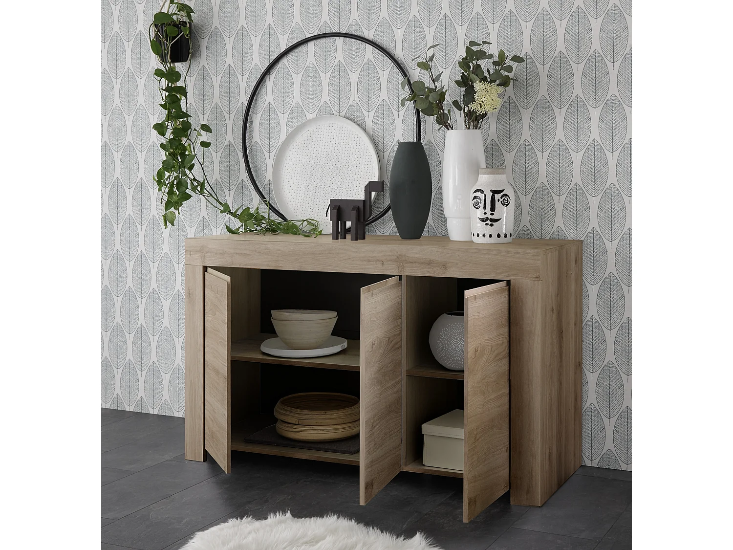 Madia design moderno tre ante battenti con maniglia a gola 138x81 ML16 rovere cadiz