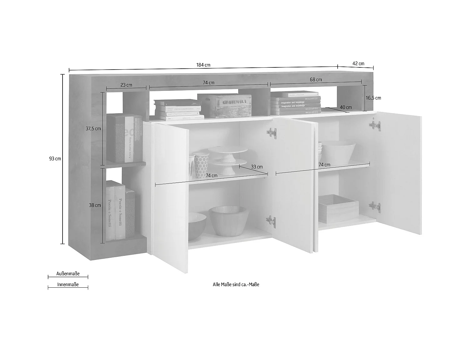 Madia da soggiorno design moderno con quattro ante e ripiano 184x93 ML17 bianco e ossido