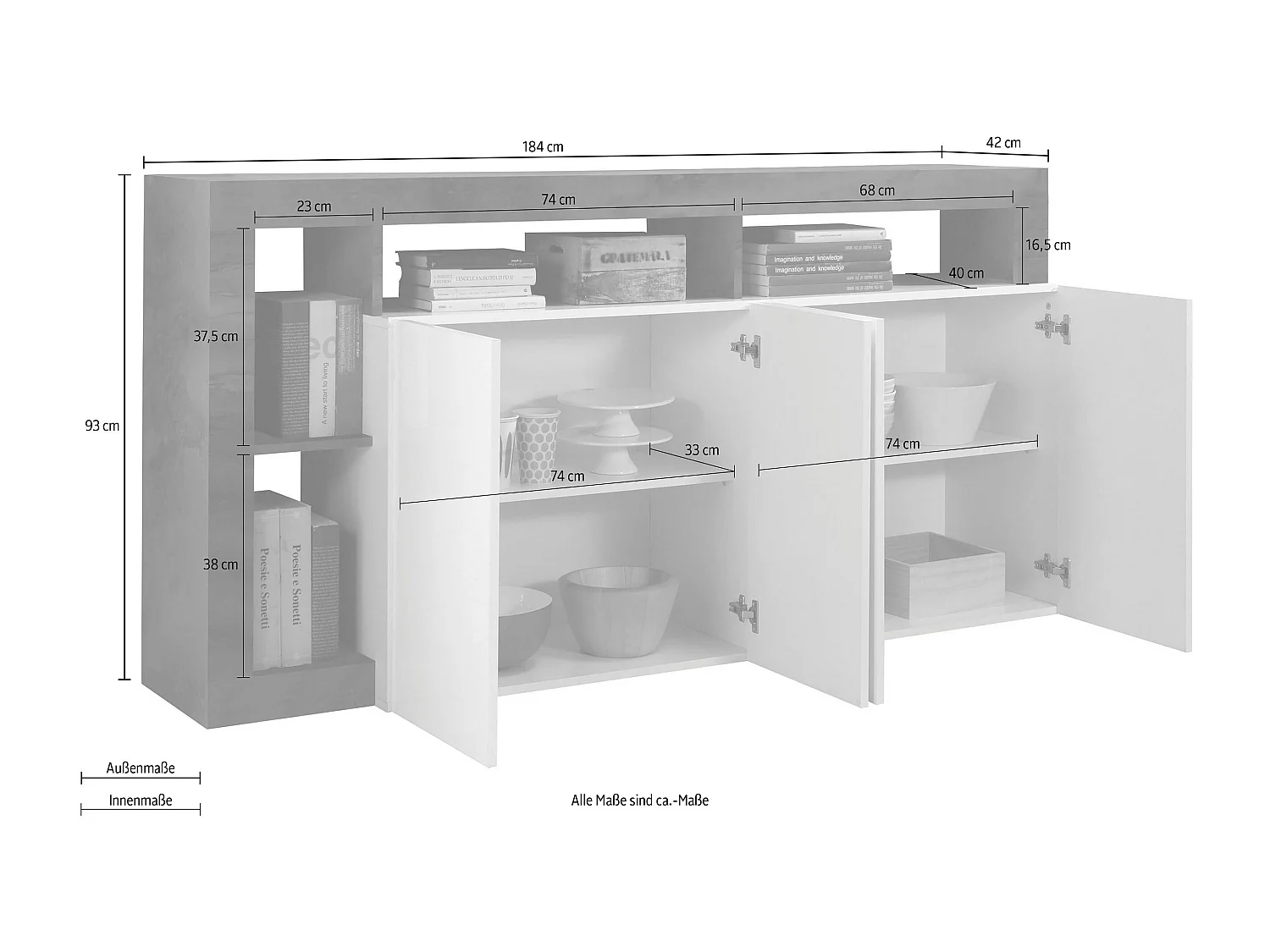 Madia da soggiorno design moderno con quattro ante e ripiano 184x93 ML17 bianco e ossido