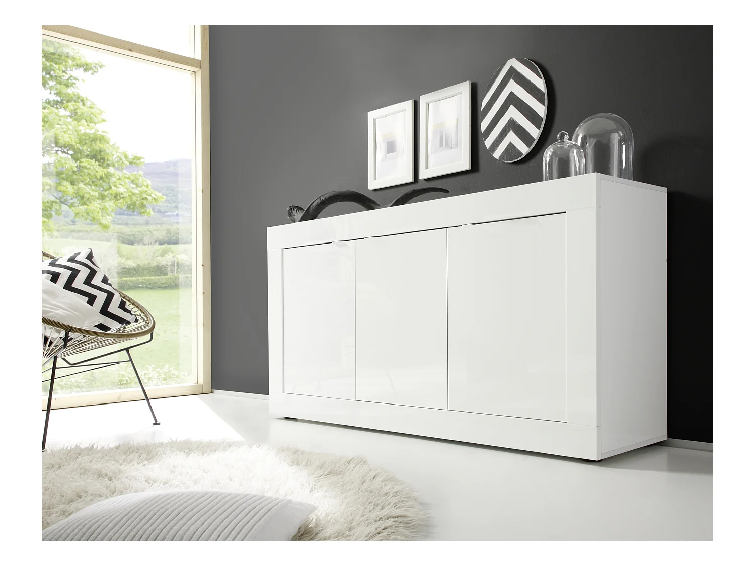 Madia moderna da soggiorno con tre ante battenti design moderno 160x86 ML7 bianco lucido