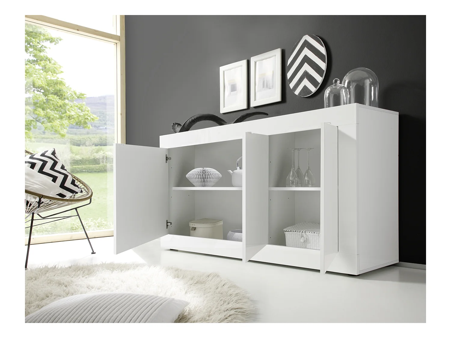 Madia moderna da soggiorno con tre ante battenti design moderno 160x86 ML7 bianco lucido