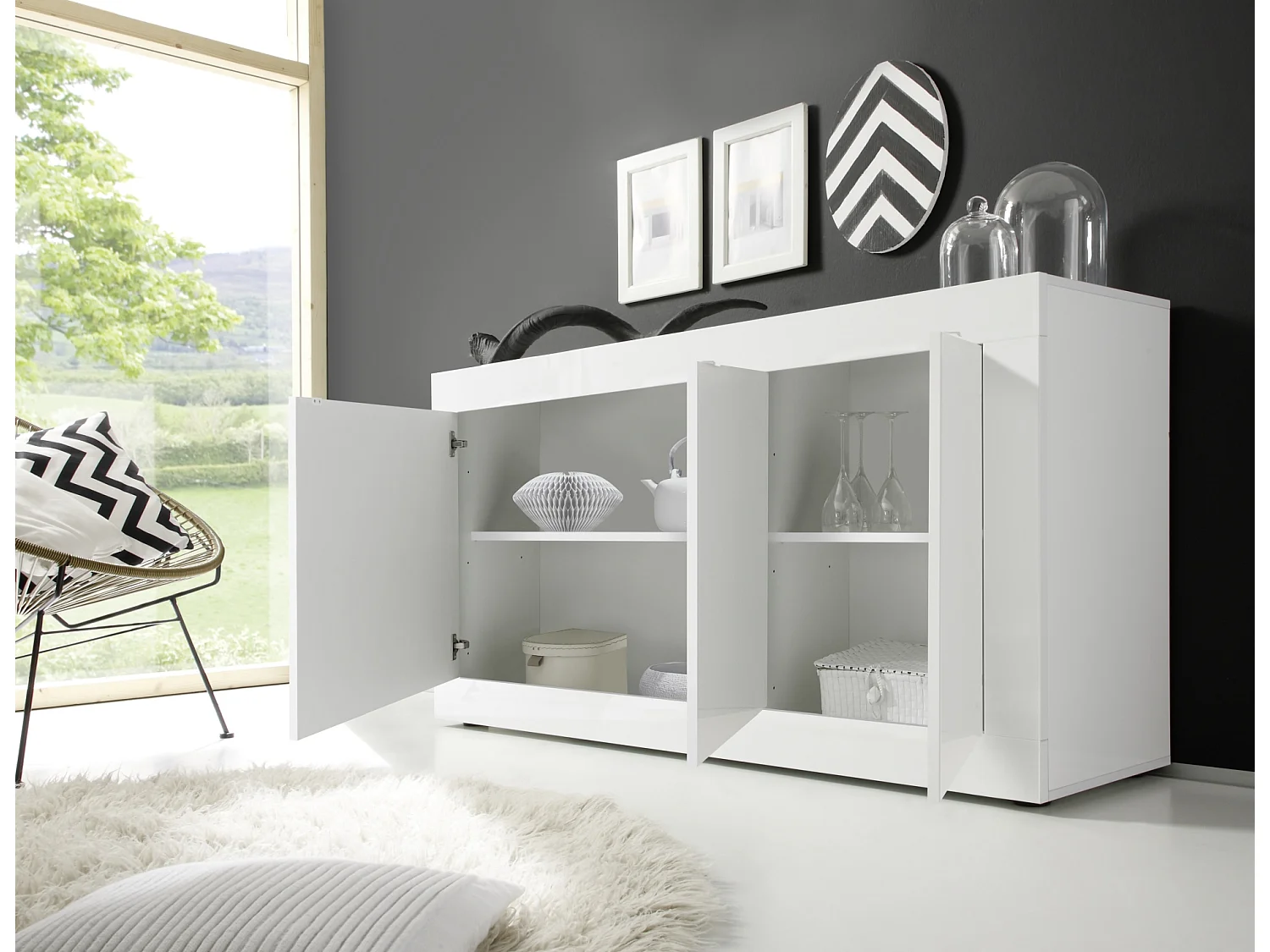 Madia moderna da soggiorno con tre ante battenti design moderno 160x86 ML7 bianco lucido