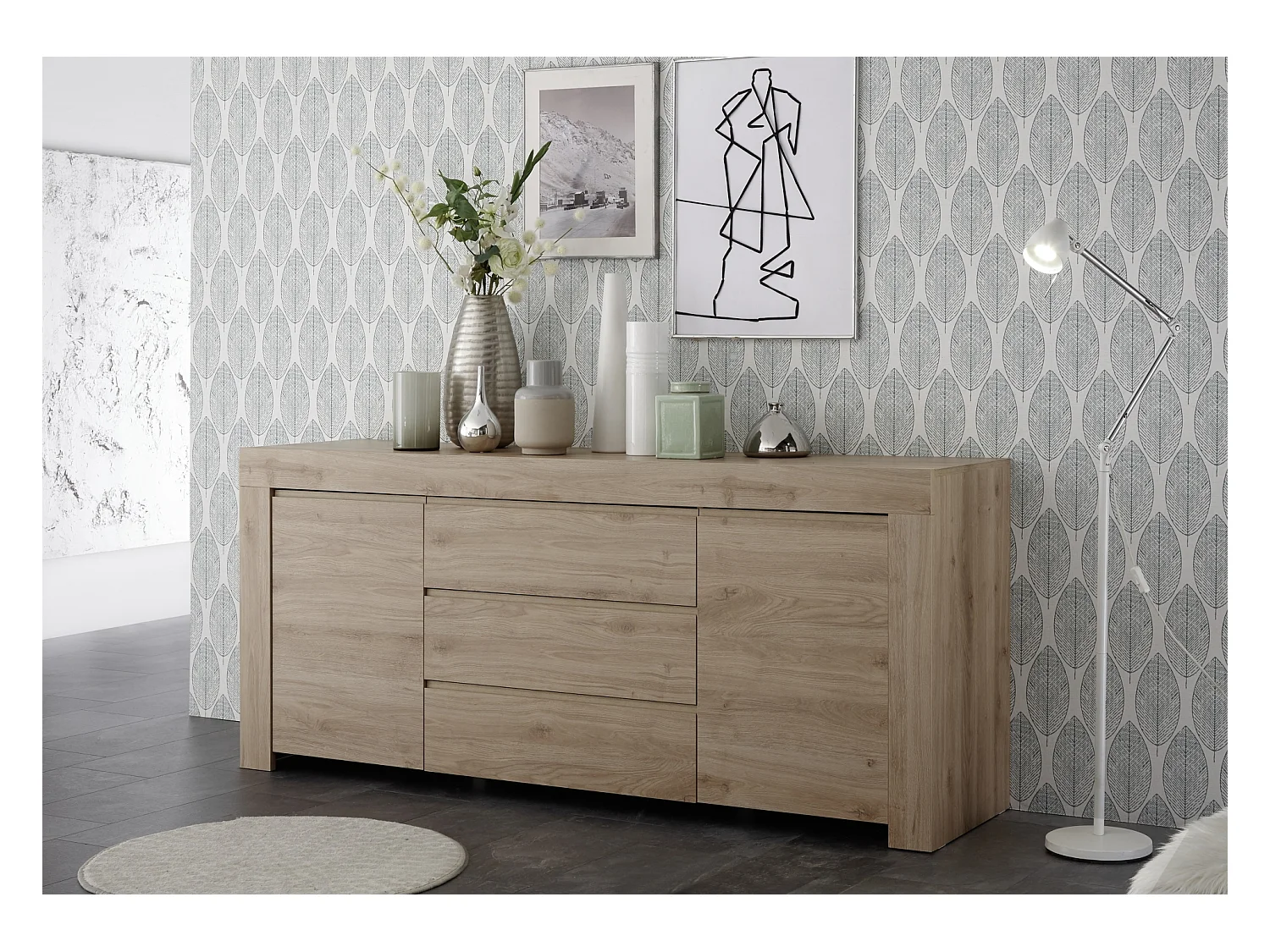 Madia moderna due ante e tre cassetti con maniglia a gola 184x81 ML15 rovere cadiz