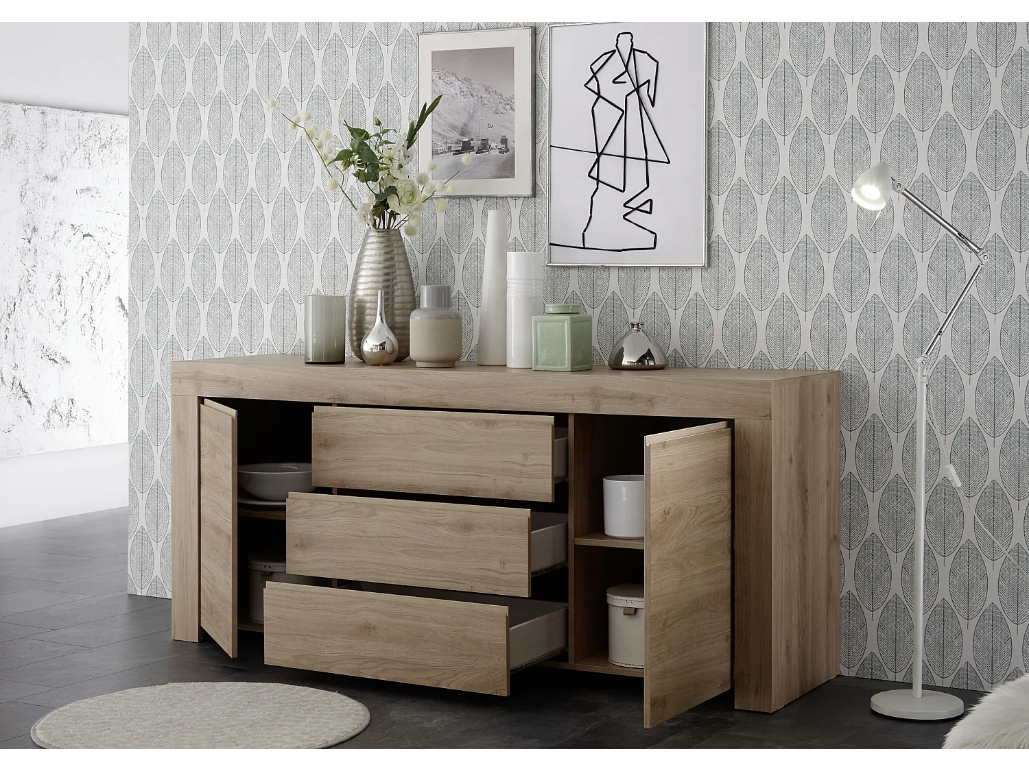 Madia moderna due ante e tre cassetti con maniglia a gola 184x81 ML15 rovere cadiz