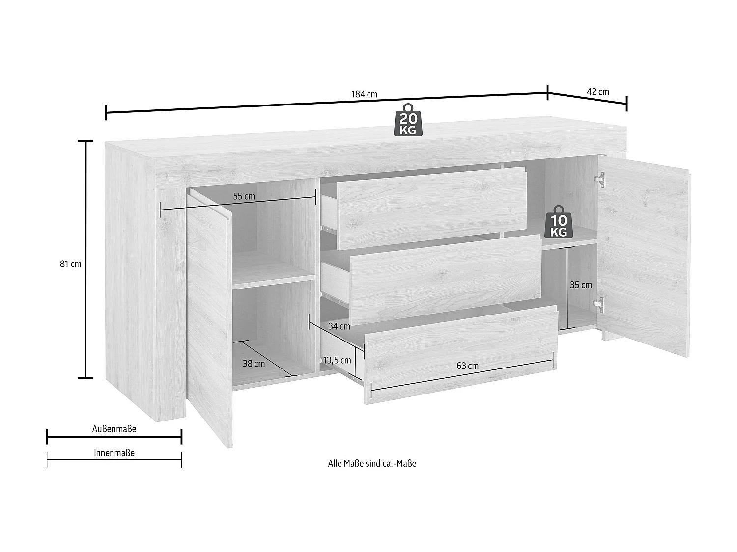 Madia moderna due ante e tre cassetti con maniglia a gola 184x81 ML15 rovere cadiz
