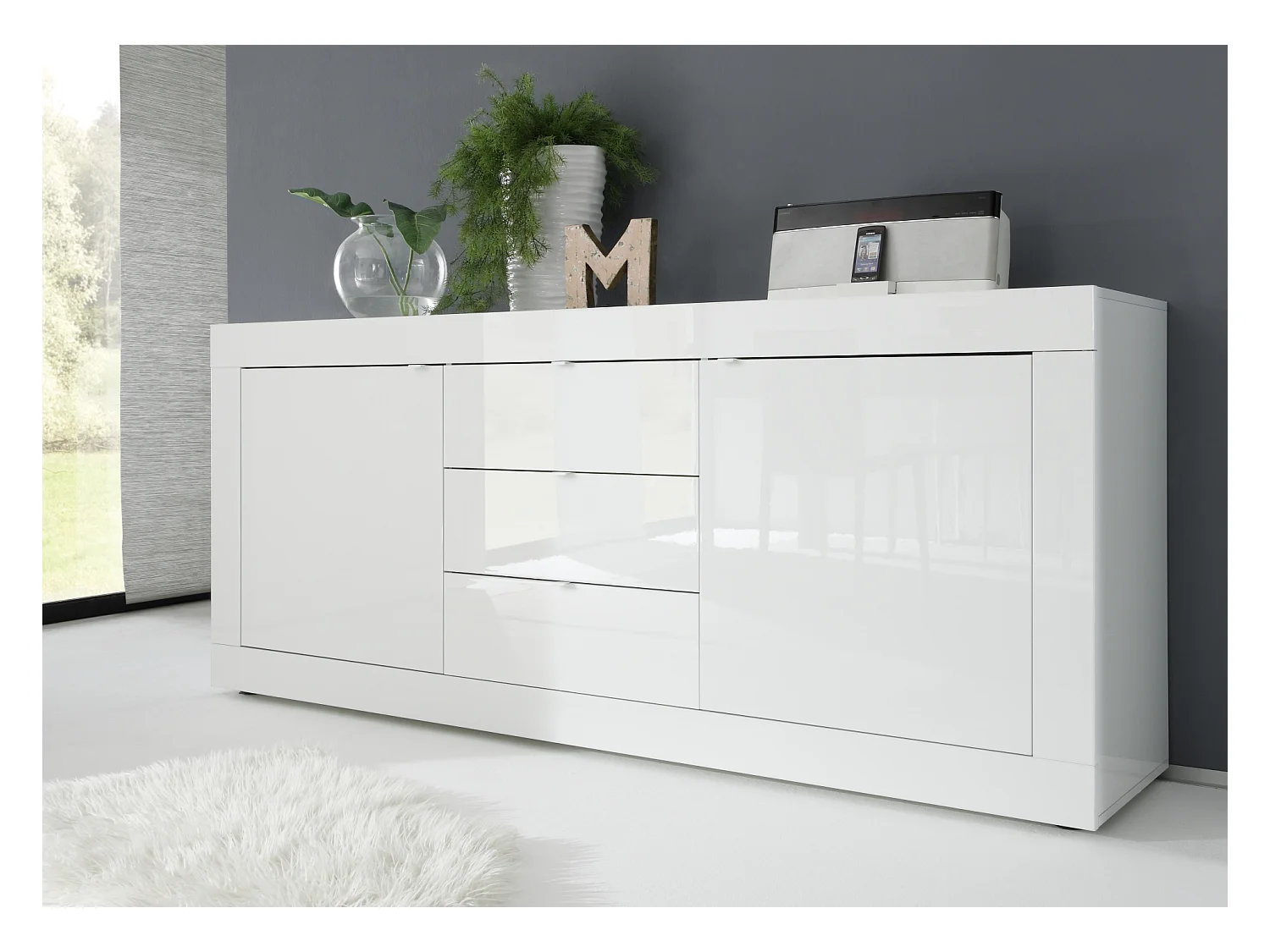 Madia moderna con tre cassetti e due ante per soggiorno design moderno 210x86 ML5 bianco lucido