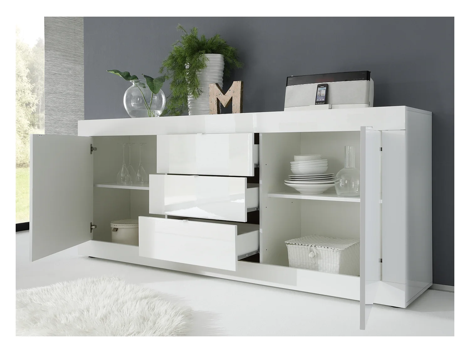 Madia moderna con tre cassetti e due ante per soggiorno design moderno 210x86 ML5 bianco lucido