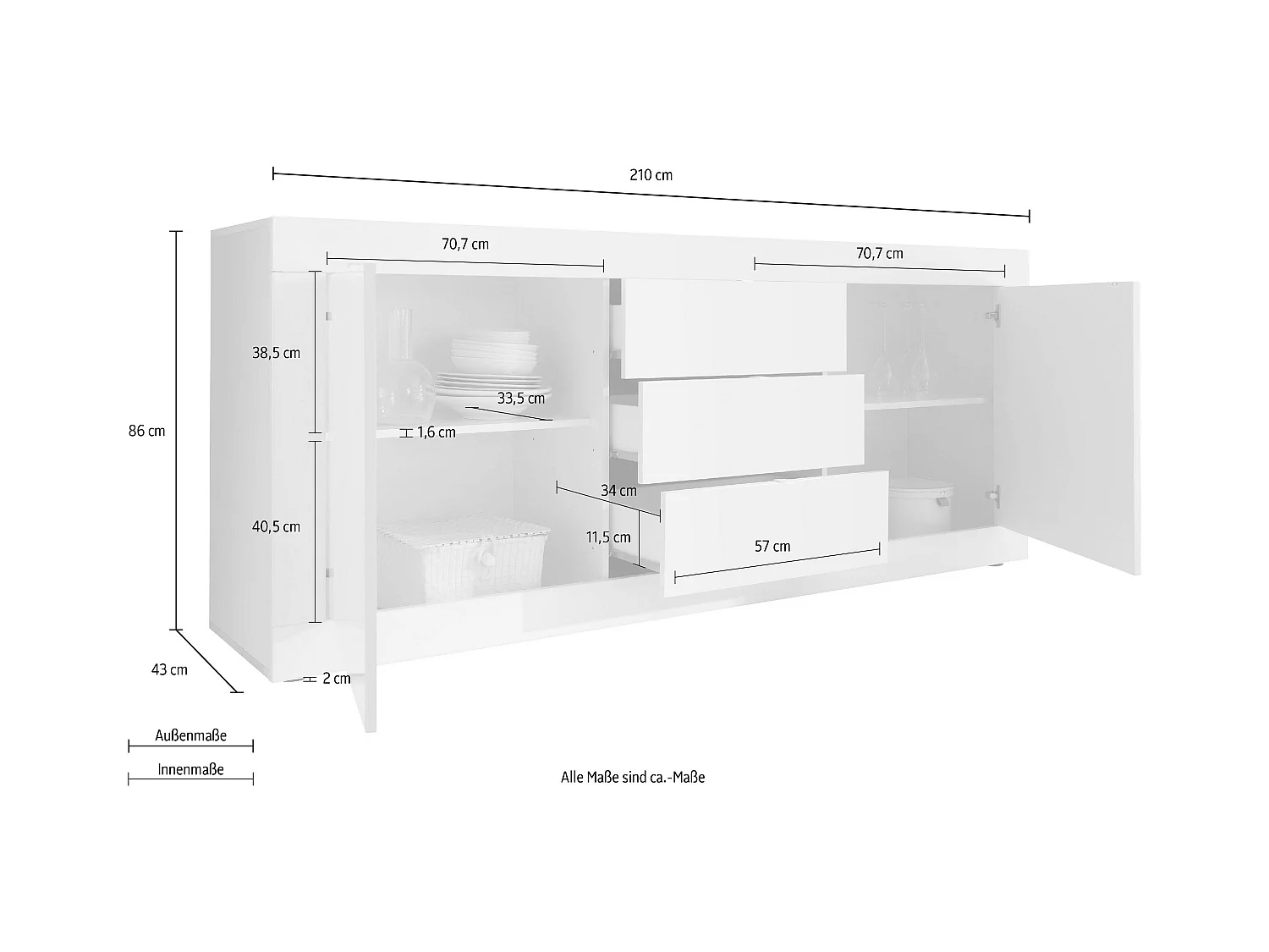 Madia moderna con tre cassetti e due ante per soggiorno design moderno 210x86 ML5 bianco lucido