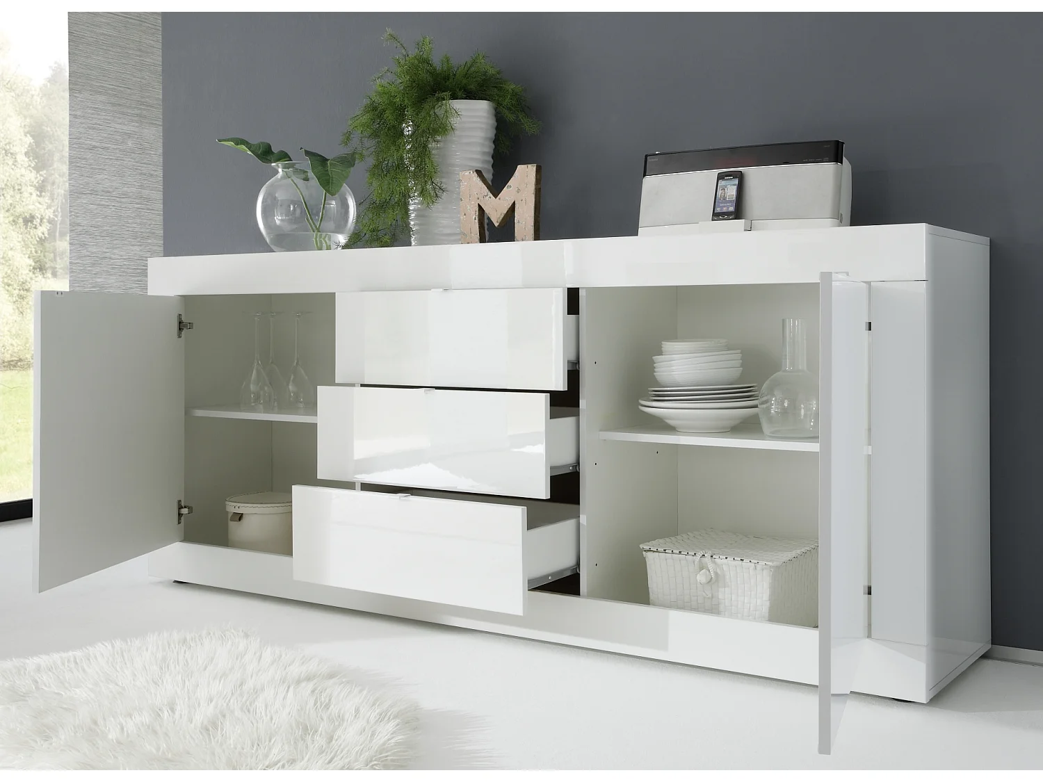 Madia moderna con tre cassetti e due ante per soggiorno design moderno 210x86 ML5 bianco lucido
