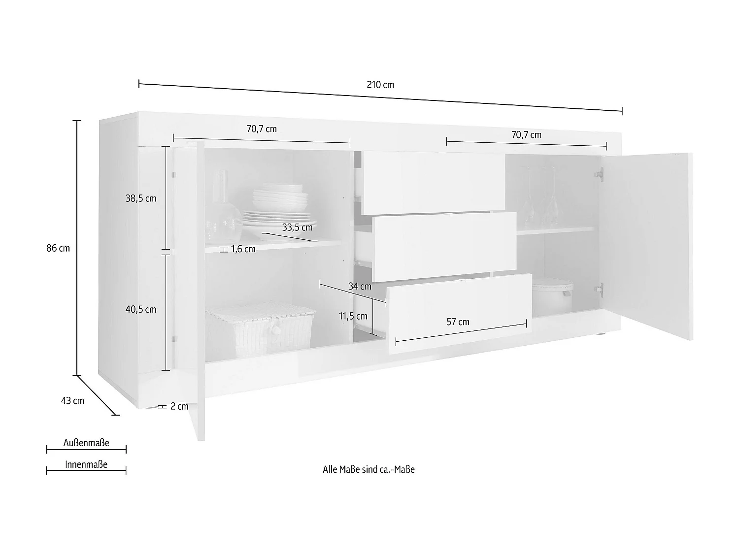 Madia moderna con tre cassetti e due ante per soggiorno design moderno 210x86 ML5 bianco lucido