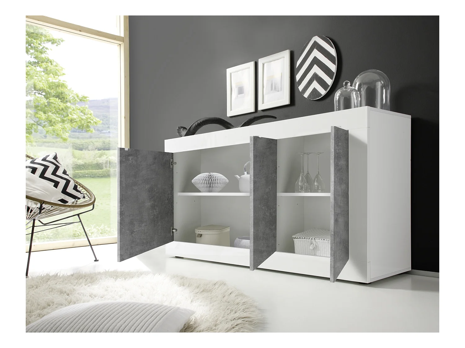 Madia moderna da soggiorno con tre ante battenti design moderno 160x86 ML7 bianco e cemento