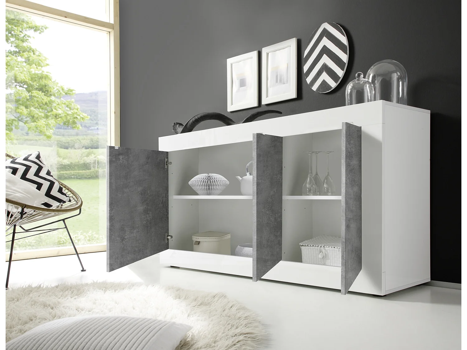 Madia moderna da soggiorno con tre ante battenti design moderno 160x86 ML7 bianco e cemento