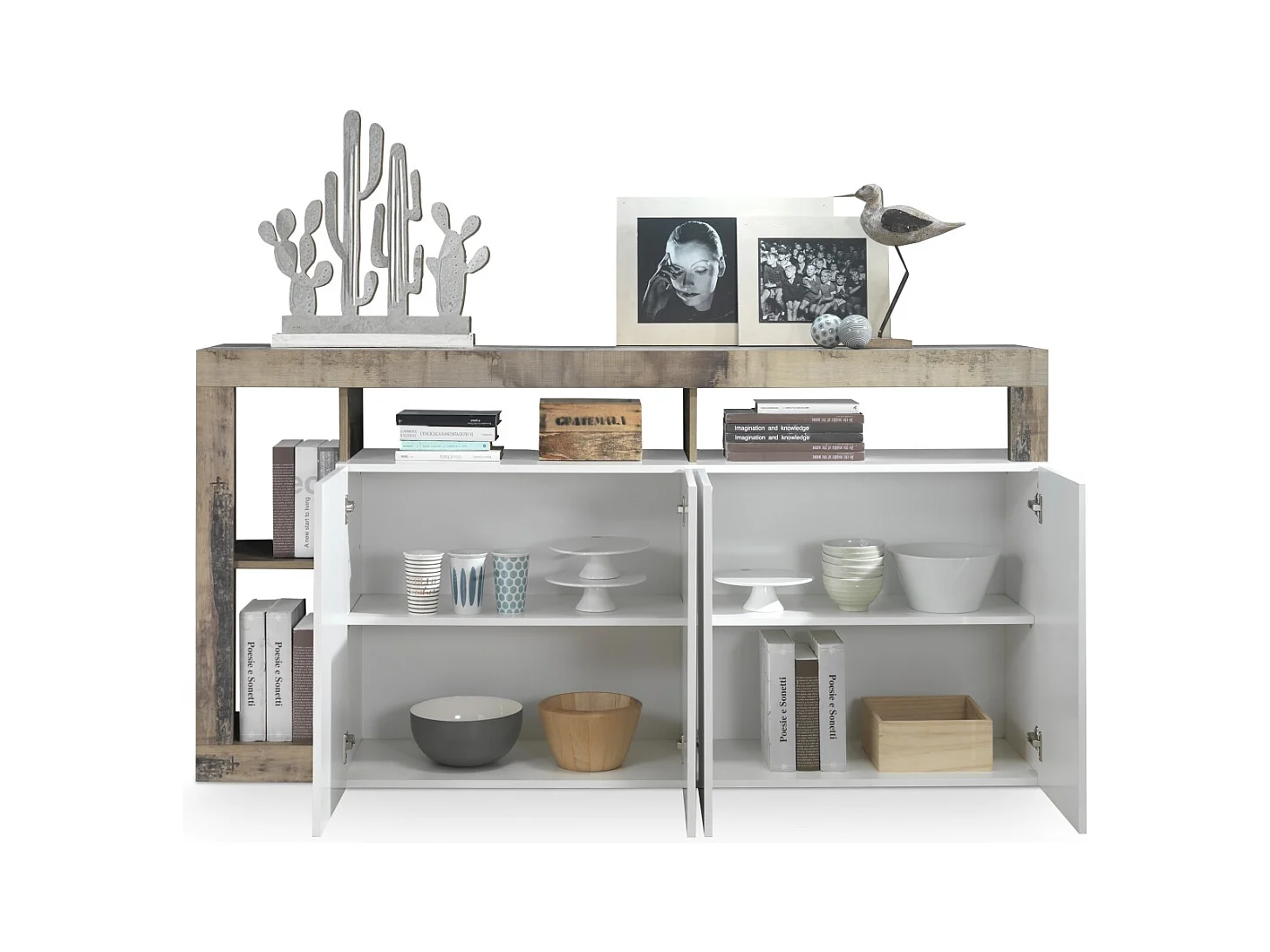 Madia da soggiorno design moderno con quattro ante e ripiano 184x93 ML17 bianco e pero