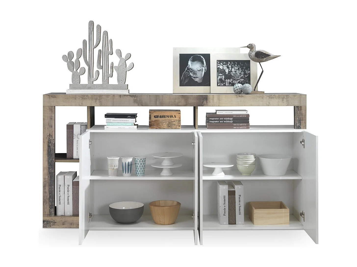 Madia da soggiorno design moderno con quattro ante e ripiano 184x93 ML17 bianco e pero