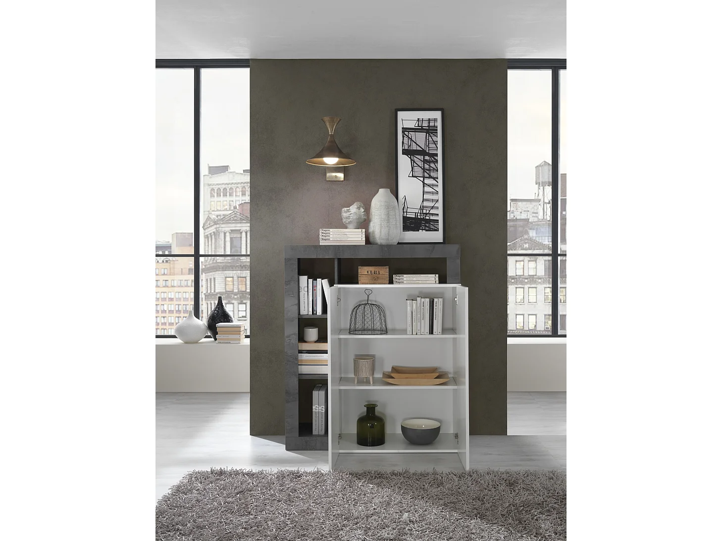 Madia piccola e alta da soggiorno con due ante e ripiano design moderno 108x127 ML21 bianco e ossido