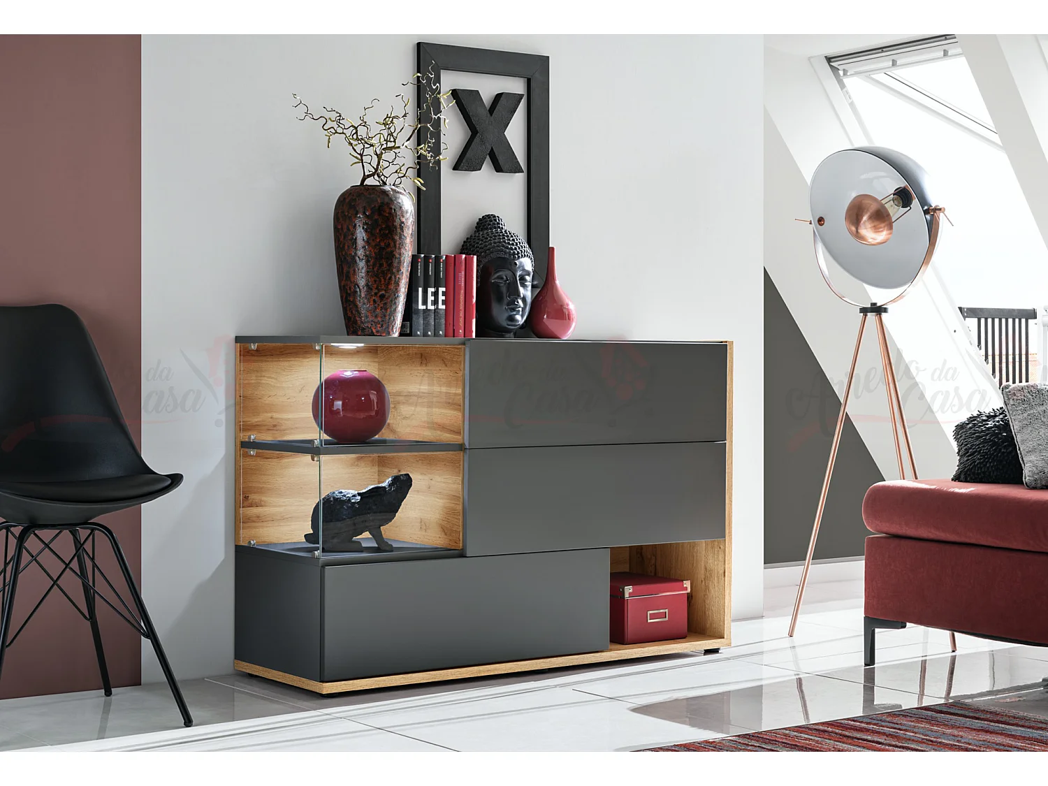 Madia moderna con vetrinetta e anta effetto legno MP1 120x77 antracite e rovere