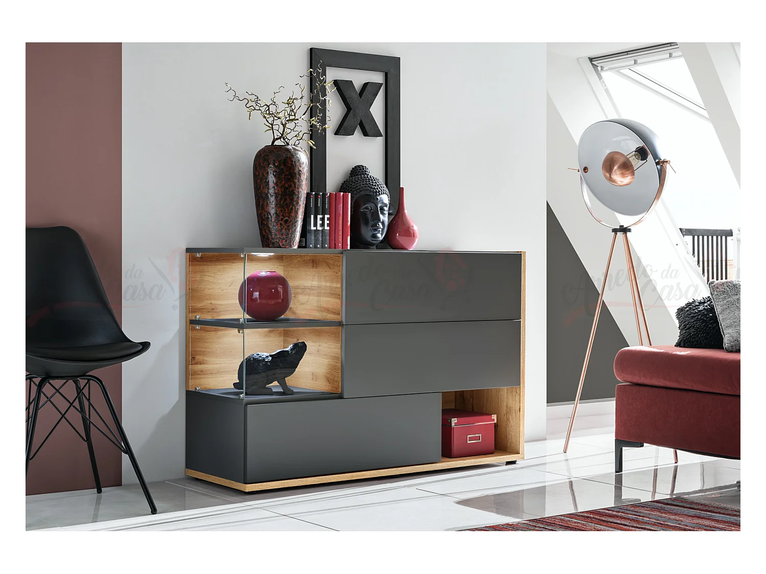 Madia moderna con vetrinetta e anta effetto legno MP1 120x77 antracite e rovere