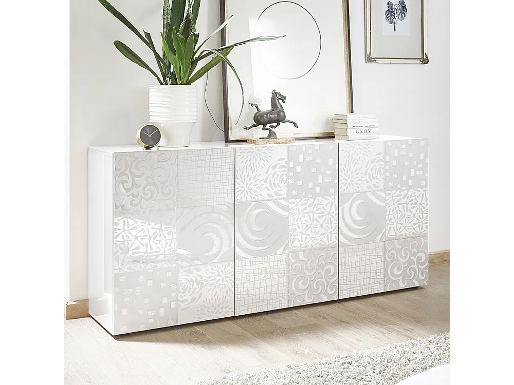 Madia design moderno per living con tre ante battenti serigrafato 181x84 ML36 bianco lucido
